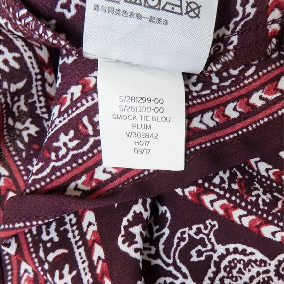 Gap Plum Smock Tie Blouse Womens Long Sleeve M 100% Polyester Paisley Print EUC - Picture 5 of 14